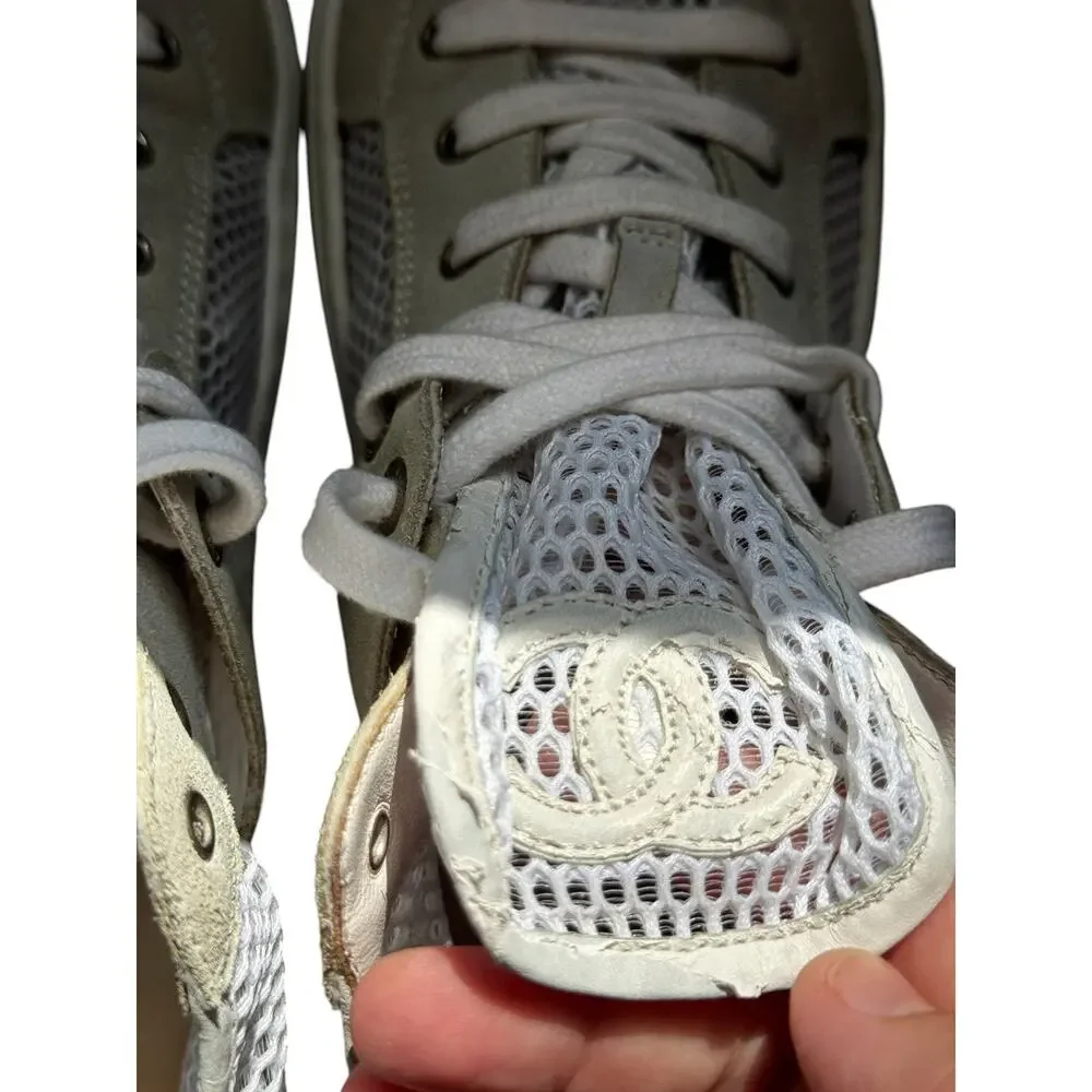 Chanel CC Logo White Mesh Suede High Top Sneakers Made in Italy
